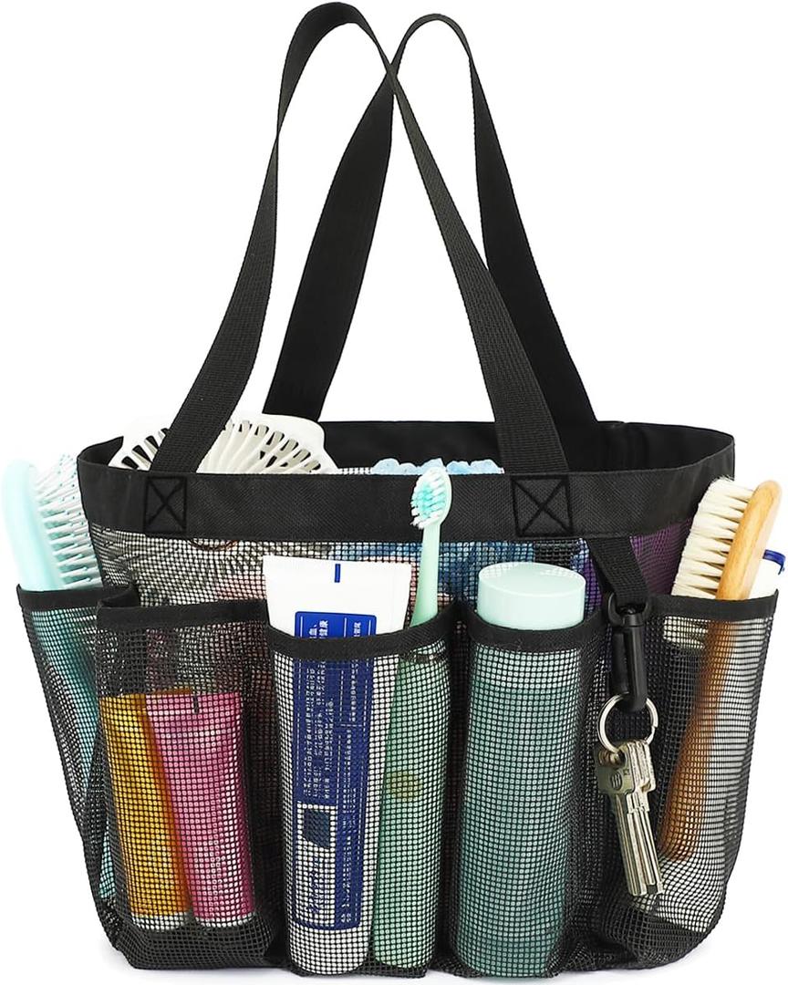 Mesh Shower Caddy Portable for College Dorm Room Essentials, 8-Pocket Large Shower Basket Tote Bag with 2 Handles for Toiletry, Bathroom, Beach, Camp, Gym (Multiple Pockets-Black)