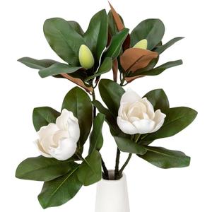 2PCS 33.5inch Artificial Magnolia Flowers with Green Magnolia Leaves and Fruit 3D Real Touch 2 Heads Long Stem Faux Magnolias Flower for Home Wedding Table Office Floral Arrangement Decoration (White)