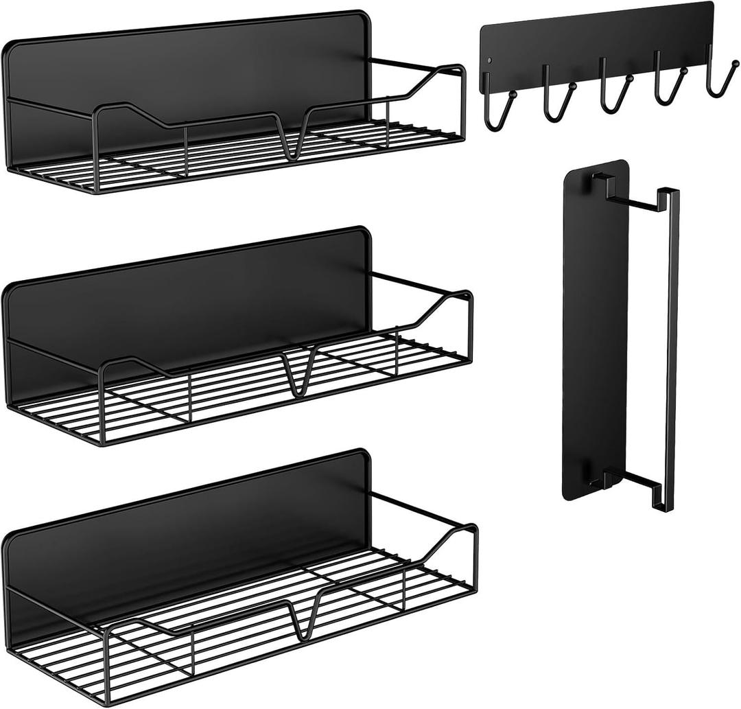 Magnetic Shelves for Washing Machine & Fridge Utentils Rack 5 Pack- Metal Heavy Duty Magnetic Shelf Magnetic Laundry Organizer with Hooks and Towel Holder for Magnetic Laundry Room Storage (Black)