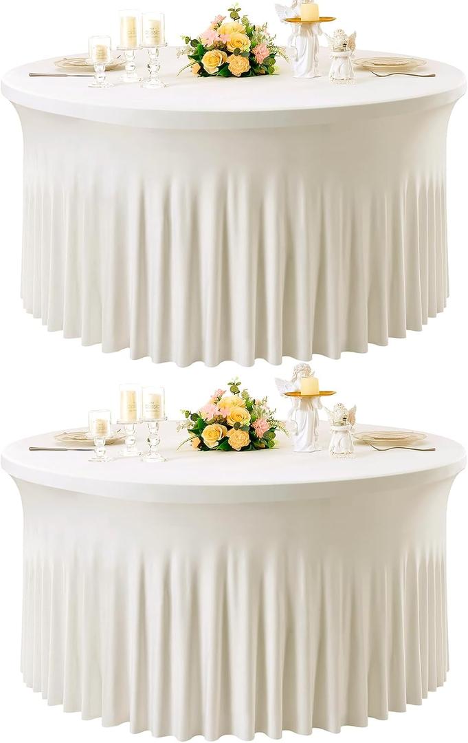 2 Pack Ivory Spandex Round Tablecloths for 60inch Table, 120inch Stretchy Fitted 5ft Tablecloths, Wrinkle Free Round Table Clothes Covers with Skirt for Wedding Birthday Parties Banquet