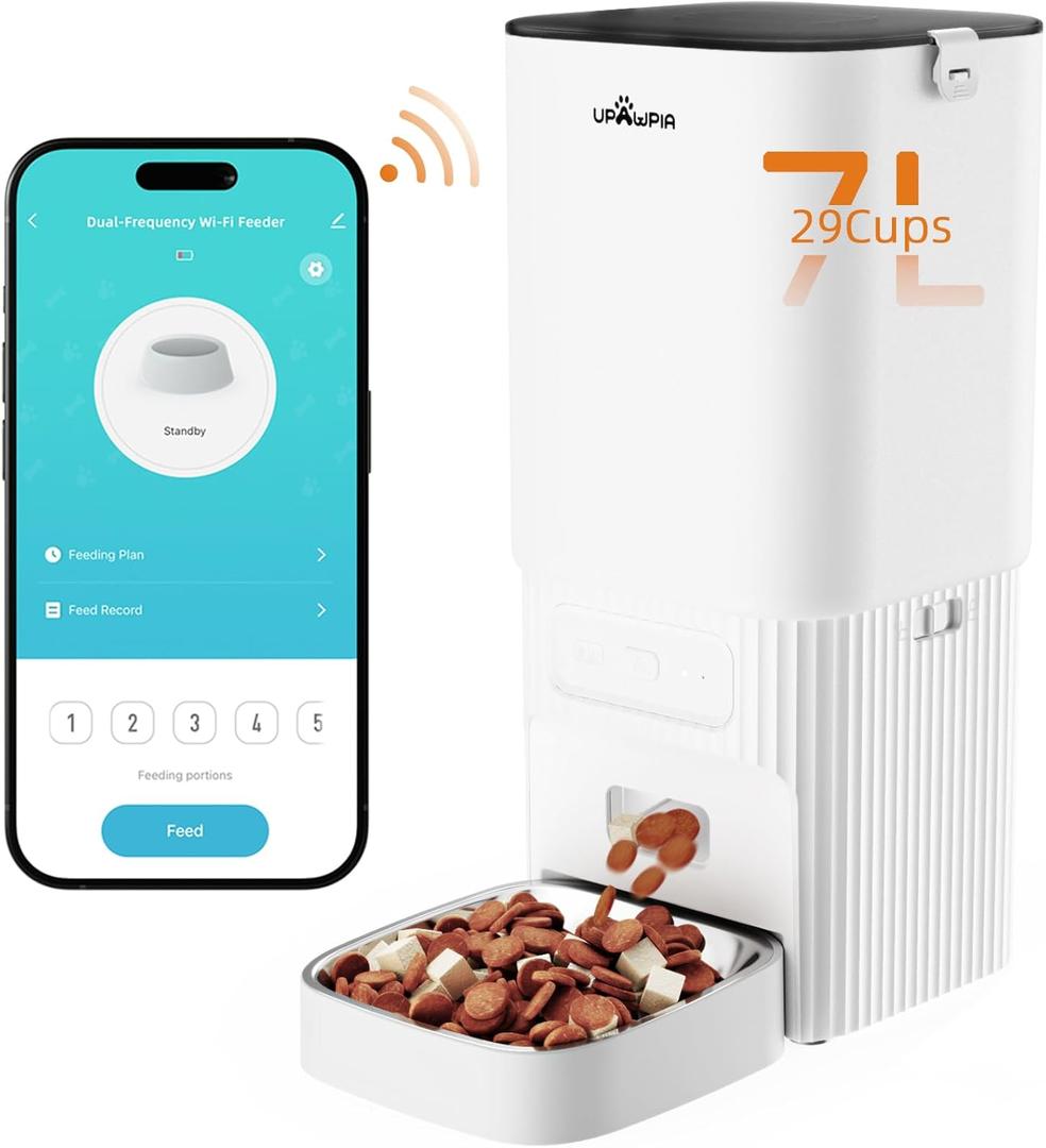 Automatic Cat Feeder 7L/29Cup Automatic Dog Feeder 5G/2.4G WiFi Programmable Cat Food Dispenser APP Remote Feed 15 Meal 50 Portion Dog Food Dispenser 10s Voice Record with Desiccant Bag