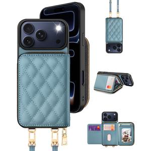OCASE Compatible with iPhone 17 Pro Max Crossbody Wallet Case with Card Holder, PU Leather Zipper Handbag Phone Purse with RFID Blocking Kickstand Wrist Strap Lanyard 6.9 Inch, Diamond Check Blue