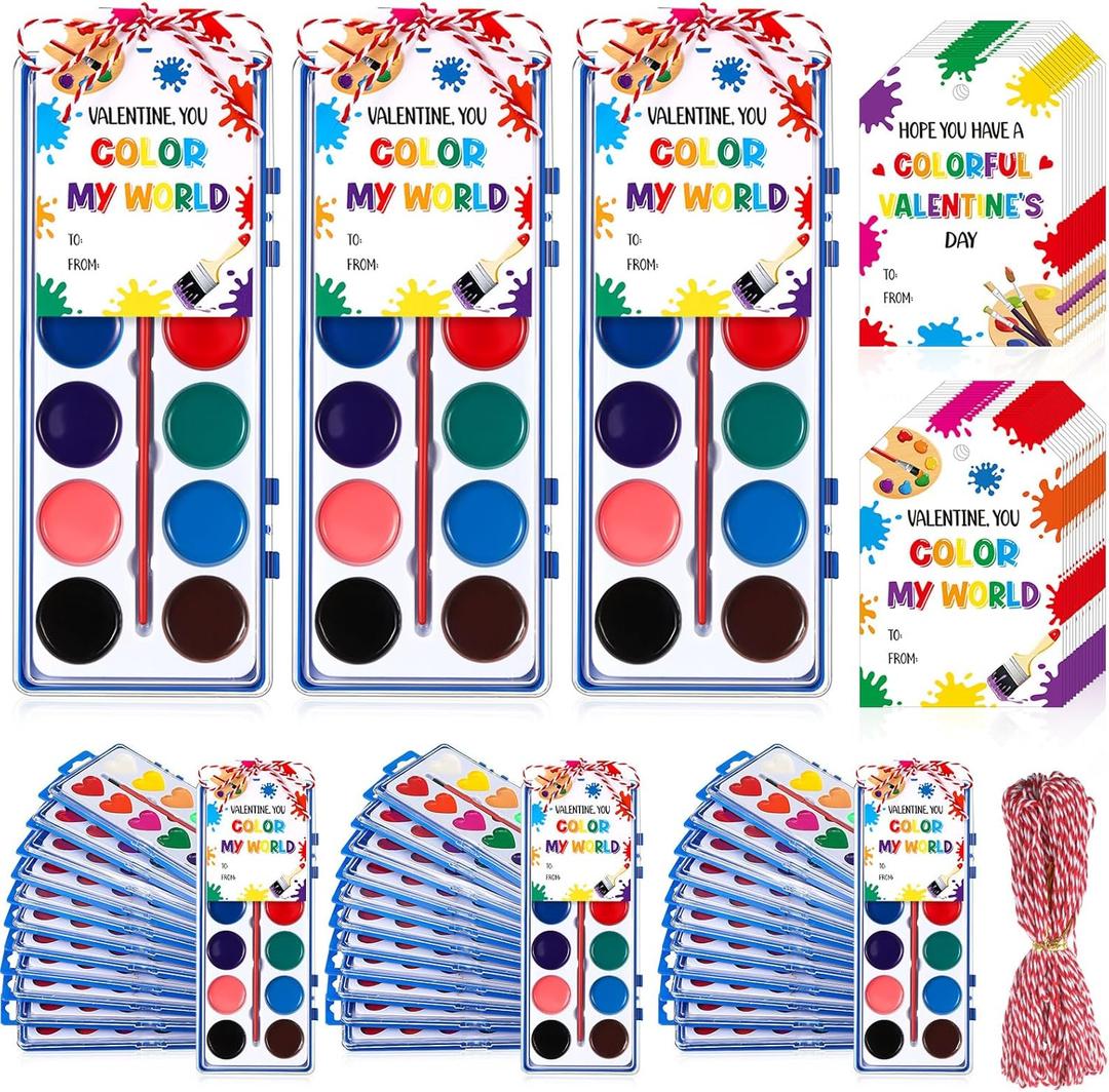 Sabary 18 Pack Valentine Watercolor Paint Sets Valentine's Day Washable Watercolor Paints with Gift Cards and 20 Meters Rope for Classroom Exchange Gifts Valentine Party Favors Art Activities