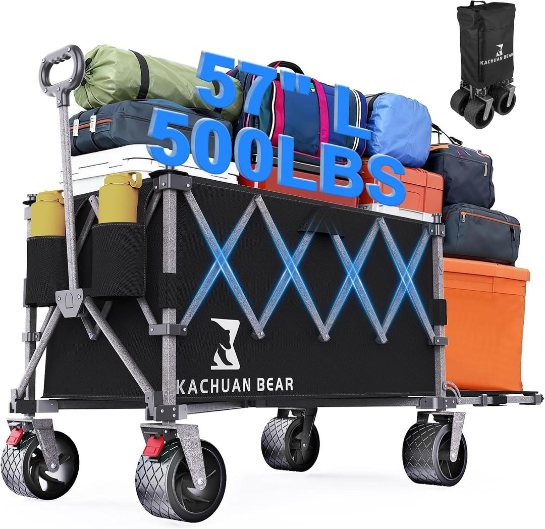 57" L Large Collapsible Foldable Wagon with Tailgate & Brake, 500LBS Heavy Duty Beach Wagons with All-Terrain Big Wheels, 300L Folding Utility Cart for Sand Garden Shopping Groceries Sports (Black)