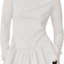 Womens Long Sleeve Peplum Tops Cute Ruffle Flowy Babydoll Shirts Fall Casual Pleated Crew Neck Tunic Tees (White)