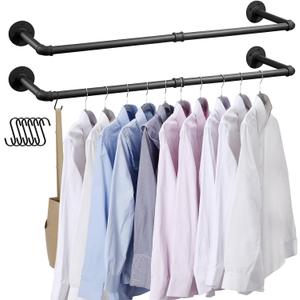 Industrial Pipe Clothes Rack Wall Mounted Clothing Rack Set of 2,38.2 Inches Heavy Duty Iron Garment Rail,Space-Saving Hanging Rod for Laundry Room,Bedroom,Closet Storage