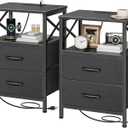 Huuger Nightstands Set of 2, Night Stand with Charger Station, 2 Drawer Side Table with Open Shelf, USB-C Port, End Table for Small Spaces, X Shaped Side Rail, Black