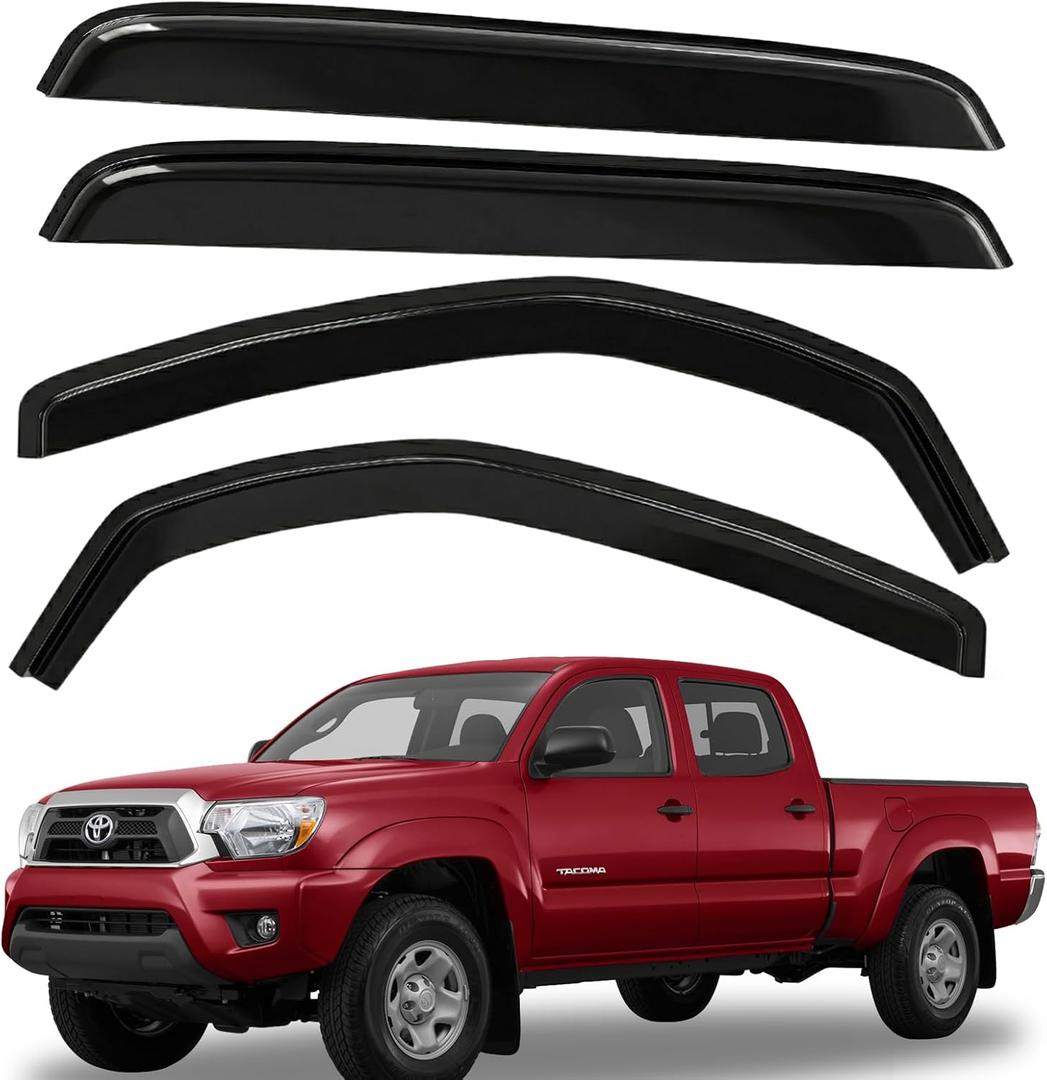 Window Rain Guards Compatible with 20052015 Tacoma Double Cab, Outside-Mount Side Window Deflectors, Smoke Tinted Vent Visors for Truck, Tape-On Automotive Window Visor Accessories