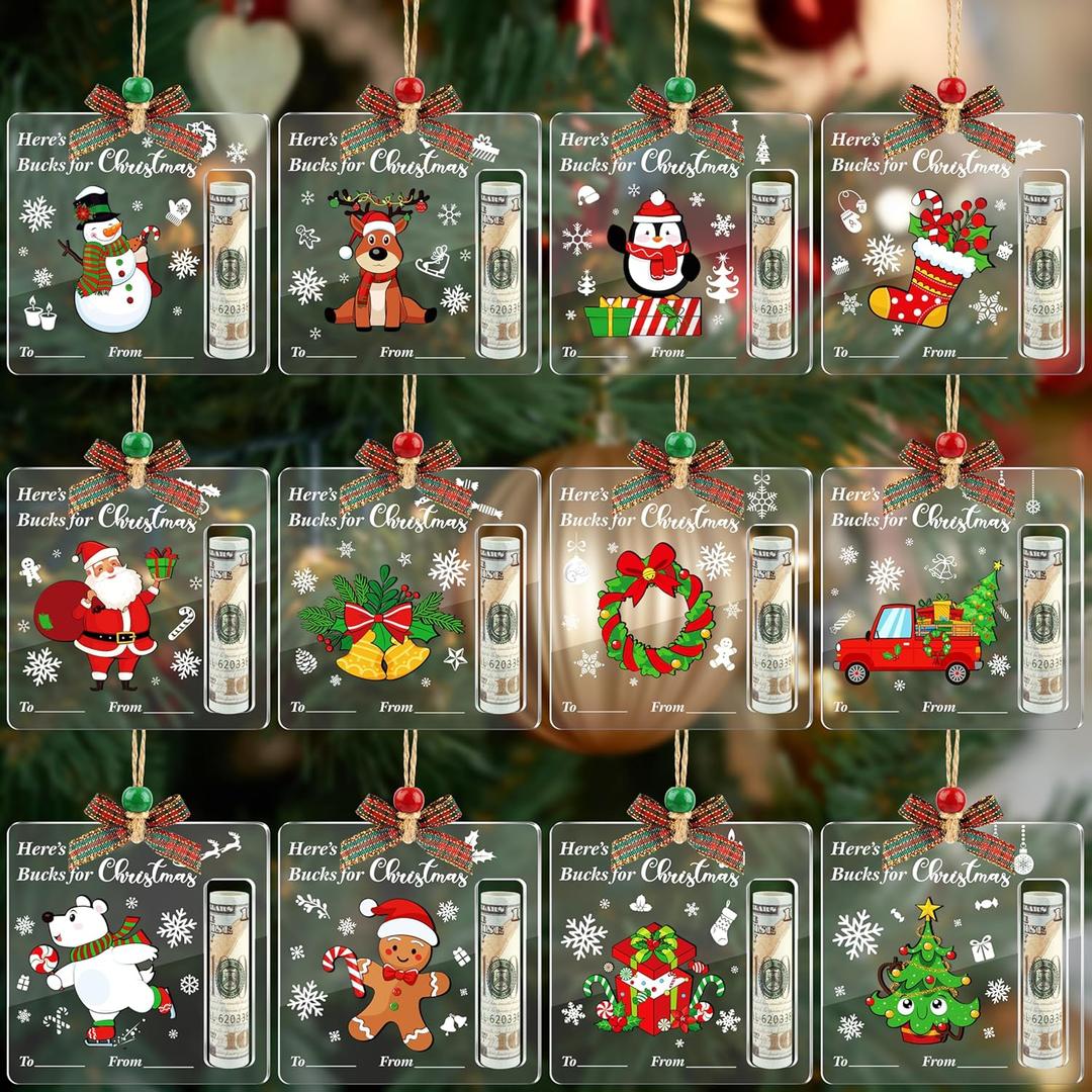 12 Pack Christmas Money Holders for Cash Gift - Acrylic Ornaments with Wooden Beads & Bowknots - Merry Christmas Hanging Ornaments for Tree Decor, Holiday Party Favors, Festive Holiday Decoration