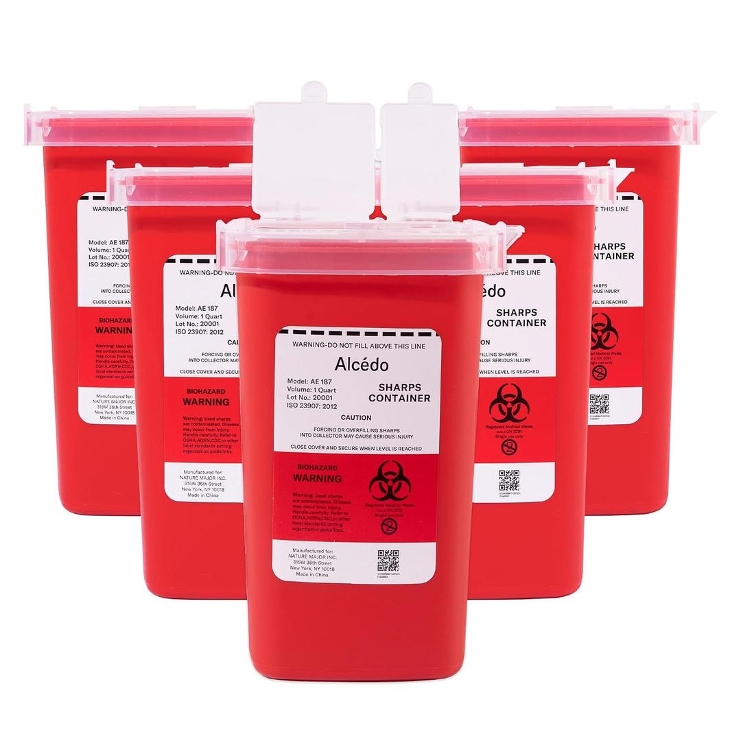 Alcedo Sharps Container for Home Use and Professional 1 Quart (5-Pack), Biohazard Needle and Syringe Disposal, Small Portable Container for Travel