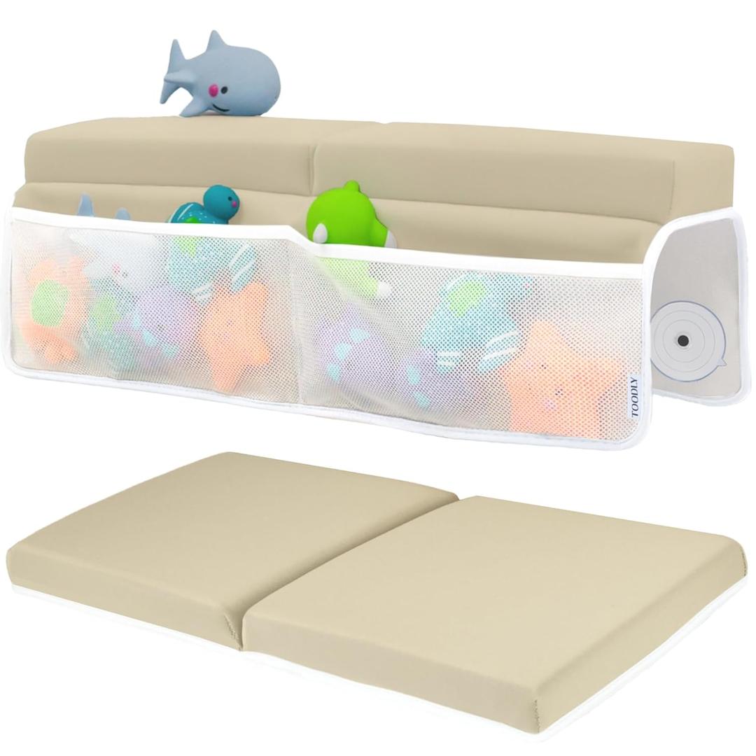 Baby Bath Kneeler and Elbow Rest Pad Set - Baby Bath Support for Knees and Elbows - Bath Kneeler Pad with Memory Foam and Bath Toys Organizer - Ideal Bath Kneeling Pad for Bathing Baby - Beige