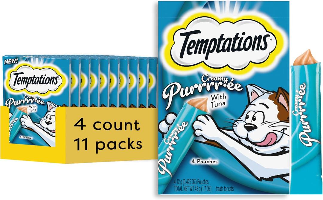 Temptations Creamy Puree Squeezable Lickable Wet Cat Treats with Tuna, 0.42 oz. Tubes, 4 Count, Pack of 11 (44 Total) BB: 05/09/27