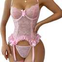 WDIRARA Women's Sexy Lingerie Set Floral Lace Garter Bustier Lingerie Set with 1Pair Fishnet Stocking (Medium, Light Pink Lace)