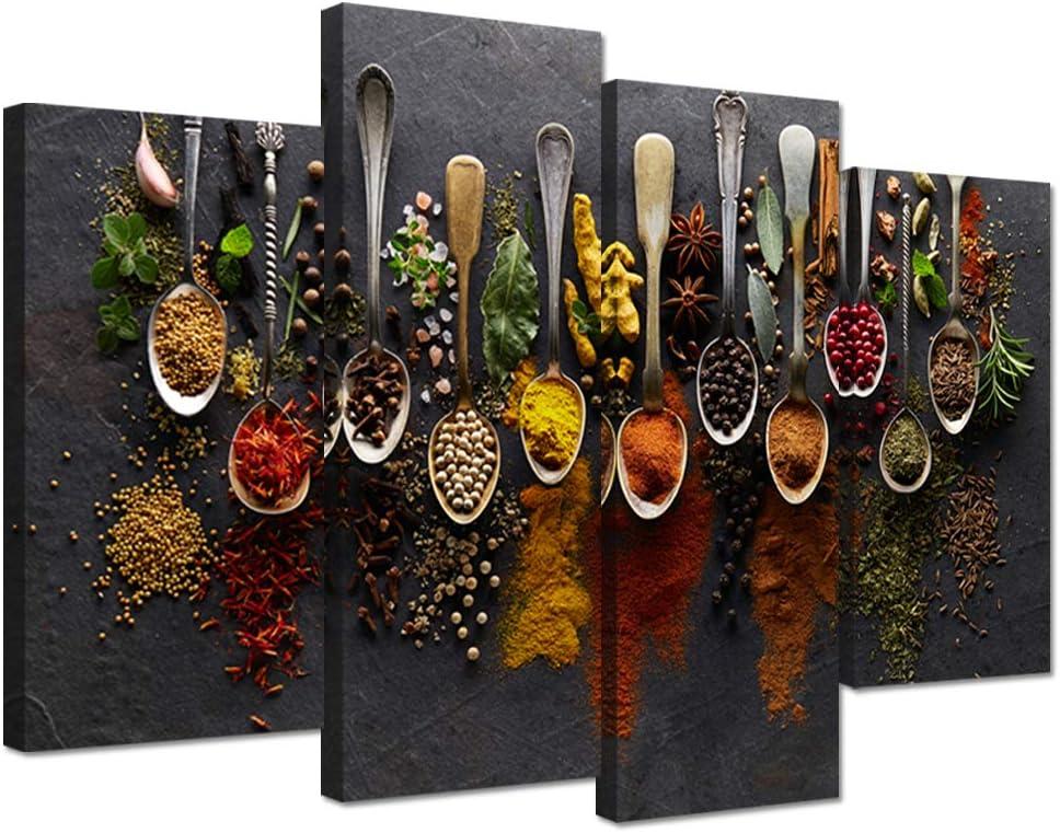 iHAPPYWALL Kitchen Pictures Wall Decor 4 Pieces Couful Spice in Spoon Vintage Canvas Wall Art Food Photos Painting On Canvas Stretched Framed Home Decoration Gift Ready to Hang, 48x32inch