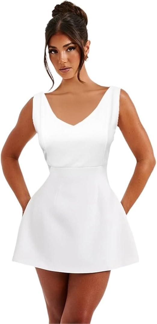 QNNGXX Women's Summer Sleeveless Zipper Dress, V-Neck Slim Fit A-line Mini Dress White Bodycon Dress Party Club Dress XS