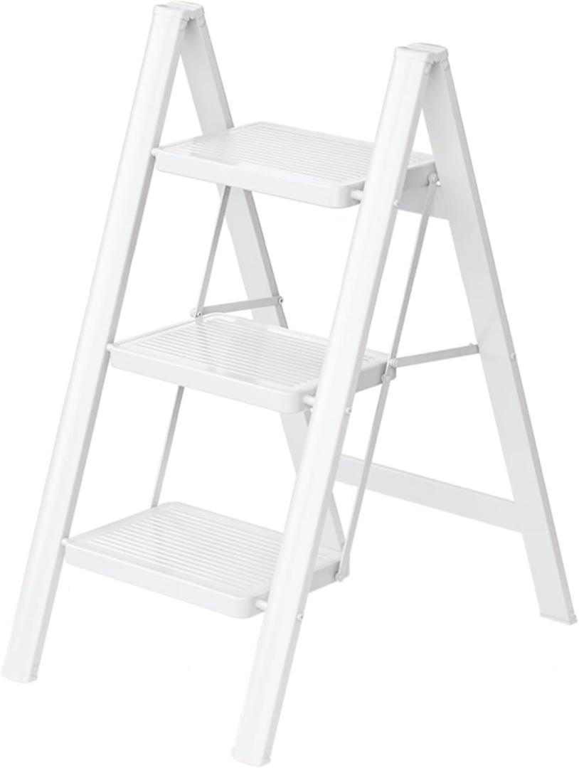 3 Step Ladder,Folding Step Stool with Wide Anti-Slip Pedal,330lbs Load Capacity,Lightweight and Portable for Kitchen Space Saving (White)