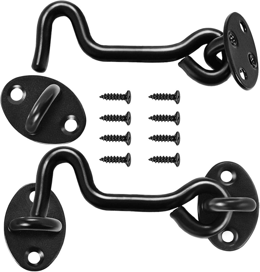 Cabin Hook and Eye Latch for Door, 2 Pack 4 Inches Barn Door Latch and Privacy Hooks, Cabin Door Gate Latche Best for Window, Bedroom, Sliding Door (Black)