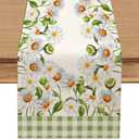 Green Buffalo Grid Spring Floral Daisy Table Runner , Seasonal Summer Kitchen Dinning Table Decoration for Home Farm Party Indoor Outdoor Decor 13x60 Inch