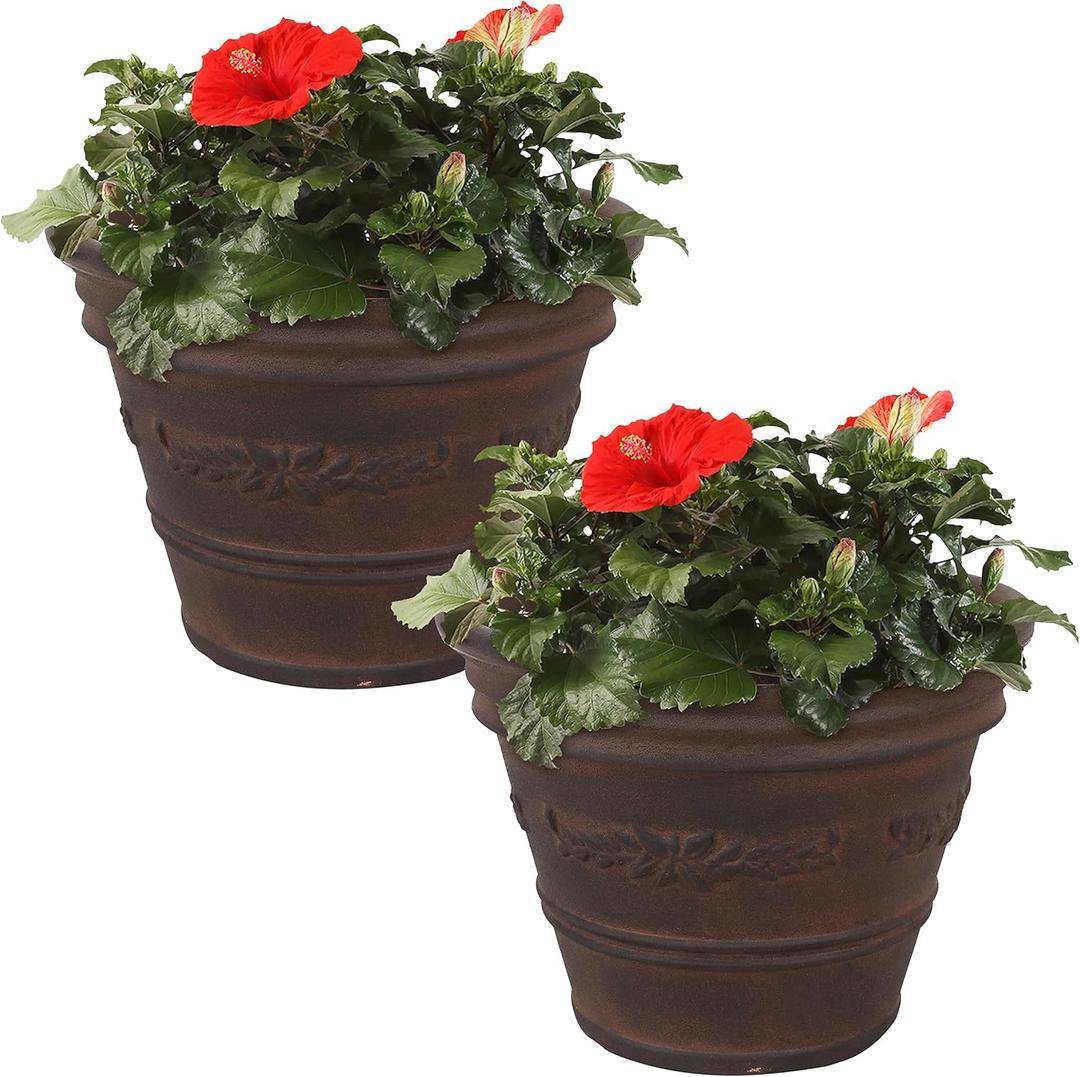 Sunnydaze 13-Inch Laurel Large Plant Pot - Polyresin Round Outdoor Planter with Drillable Drainage Holes - 2 Pack - Rust