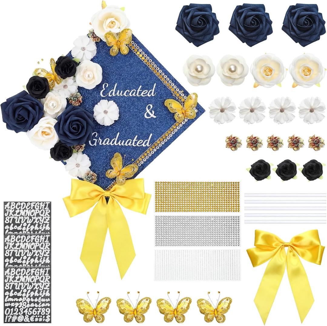 Knitgrip DIY Graduation Cap Topper-33 Pieces Handmade Graduation Gifts Decorations 3D Faux Flowers Self-adhesive Rhinestones Letter Bows for Educated and Graduated Grad Cap Gifts Party Supplies