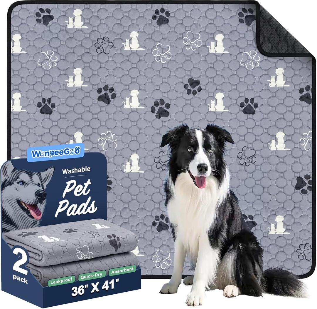 Washable Pee Pads for Dogs, 2 Pack Absorbent Reusable Training Dog Pads Pet Puppy Pads, Non-Slip Potty Pads for Whelping, Playpen, Crate, Bed, Grey 36"x41" (Gray)