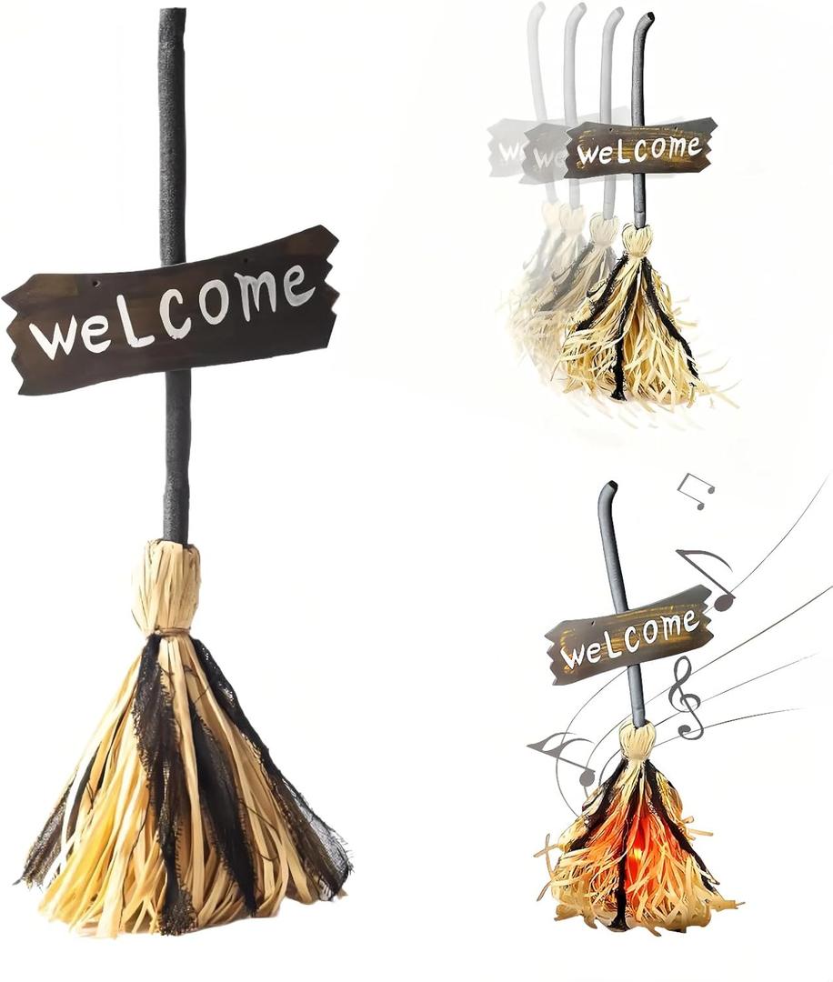 Halloween Witches Decor, Witches Broom Halloween Decor, Animated Floating Broomstick for Spooky Sounds, Haunted Party Decorations, Light-up Dancing Magic Witch Broom Porch Decor