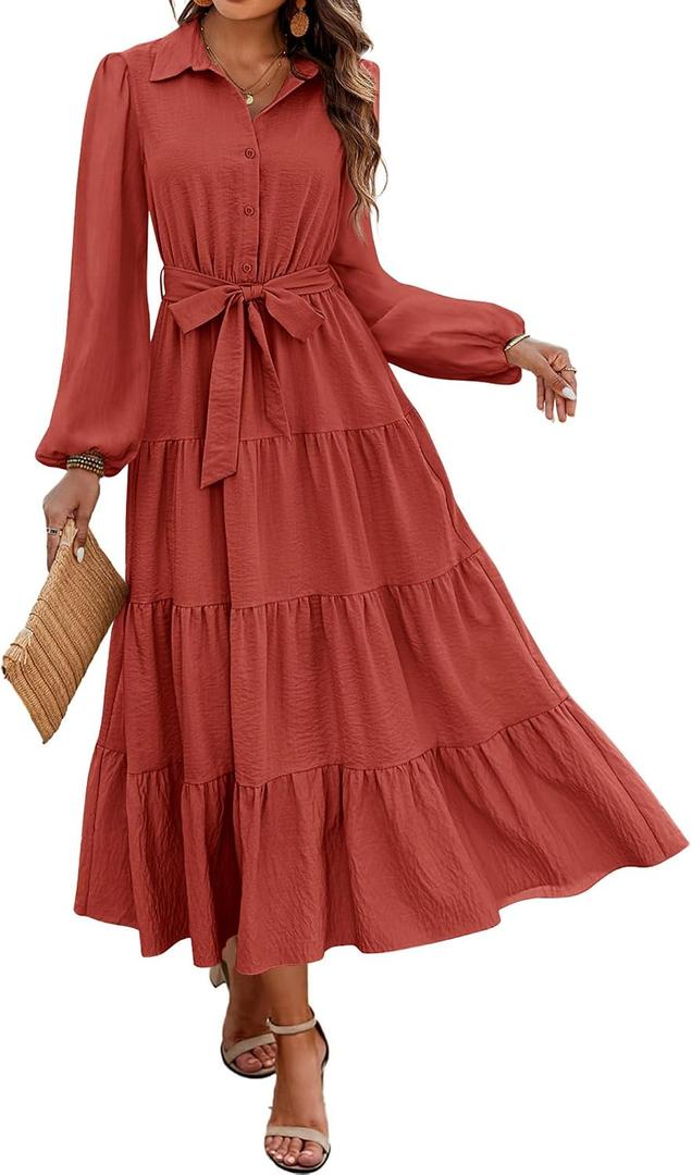 dowerme Women's Long Sleeve Dress 2026 Button Down Belted A-Line Flowy Spring Outfits Ruffle Maxi Holiday Party Dresses (S)