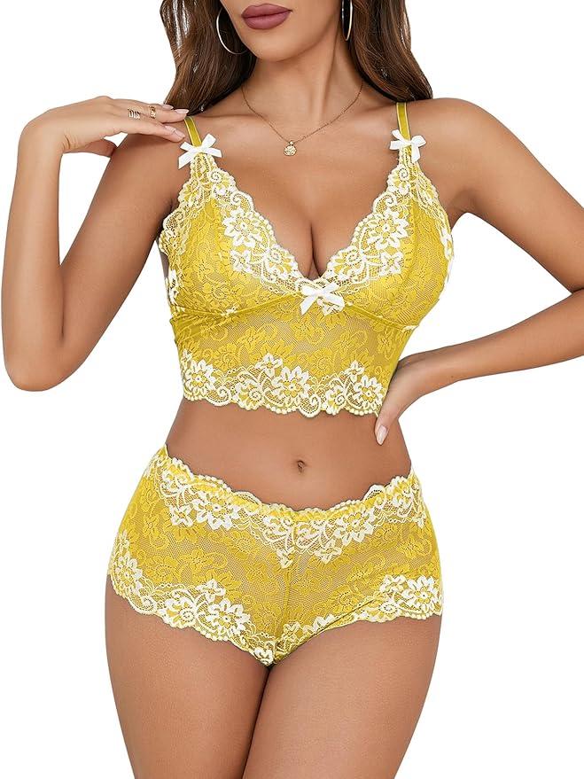 Lilosy Sexy Lace Pajamas Lingerie Set High Waist Sheer Sleepwear Bow Ties Cami Shorts Bra and Panty (Medium, Floral Black Red)