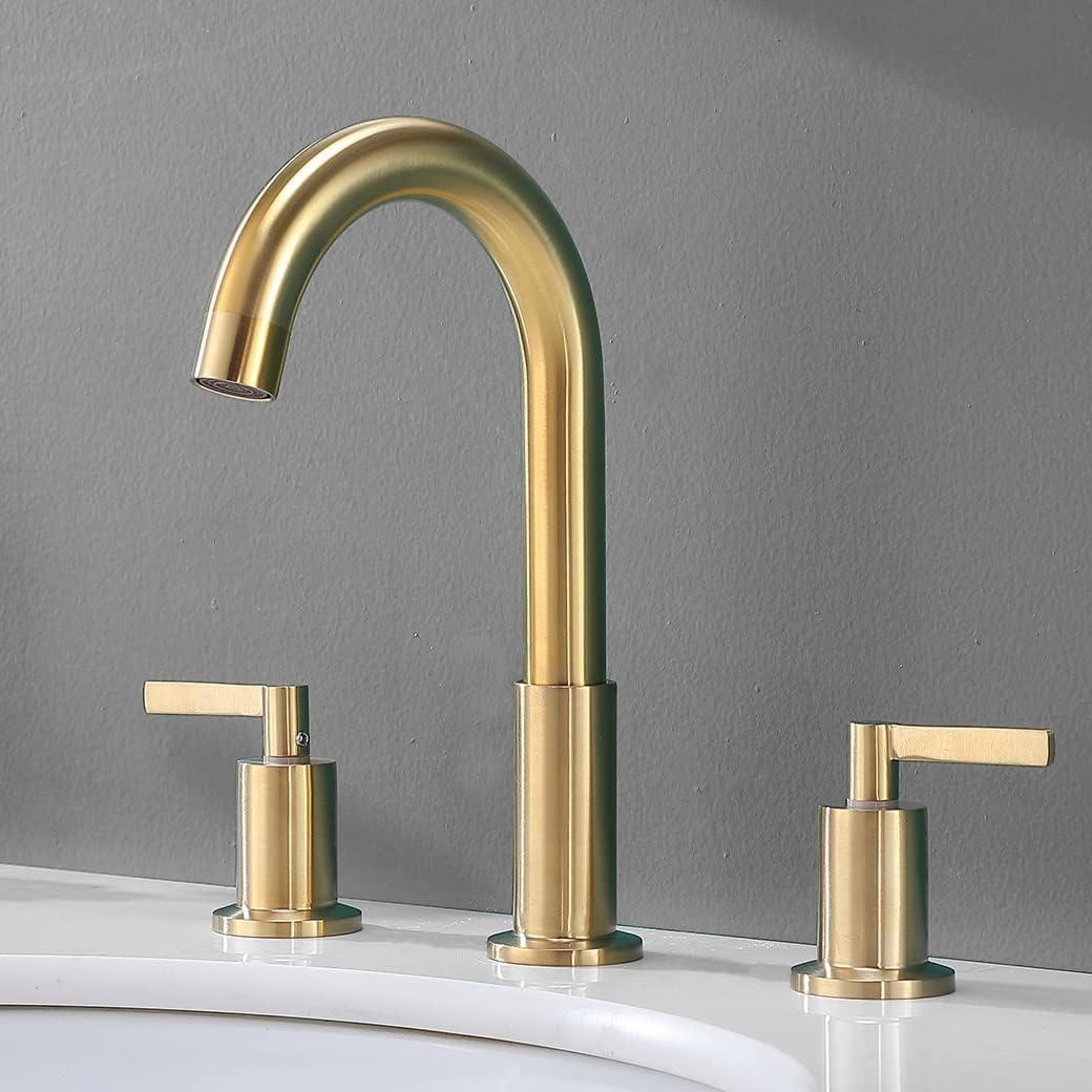 Modern 3 Hole Widespread Brushed Gold Bathroom Faucet, Brushed Brass Gold Vanity Faucet with 2 Handles, Pop Up Drain Stopper