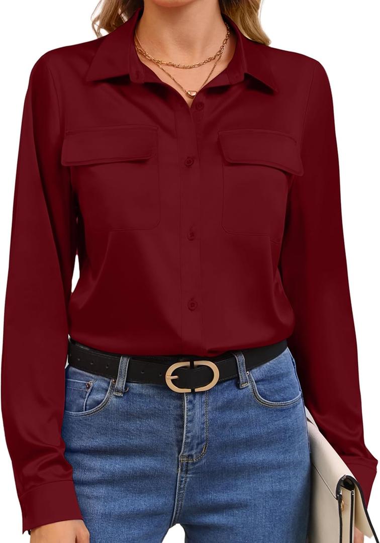 Wine Red Satin Silk Button-Down Shirt for Women Fitted Long Sleeve V-Neck Tunic Blouse Womens Oversized Button Down Blouse Collar Shirts Satin Casual Long Sleeve Tops with Pocket Red S