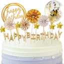 BEAN LIEVE Birthday Candles Set - Cake Topper Decoration with Cake Candles Confetti Balloon Stars and Fan Cupcake Toppers 12 Pieces Birthday Cake Decor for Birthday Party Celebration (Gold)