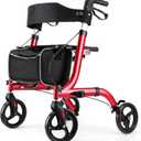 Rollator Walkers for Seniors- Rollator Walker with Seat 8" Wheels- Easy Folding Senior Walker with Padded Backrest- Lightweight Mobility Walking Aid for Adult Elderly, Aluminum Frame, Red (1 Count (Pack of 1))