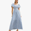 MakeMeChic Women's Floral Print Layered Short Sleeve Square Neck Ruffle High Waist A Line Summer Long Dress M
