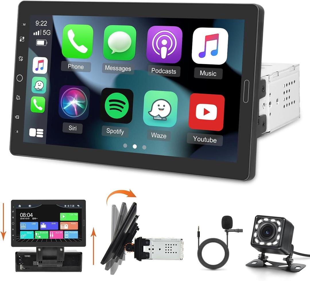 10.1 inch Single Din Car Stereo with CarPlay and Android Auto, 10 inch Detachable Touch Screen 1 Din Radio with Mirror Link/EQ Audio/1080P/SWC/Bluetooth +Backup Camera