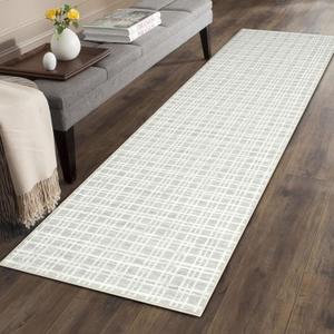 GlowSol Runner Rug 2x6 Hallway Bathroom Rugs Machine Washable Rugs Plaid Rug Low Pile Farmhouse Small Rug Non Slip Kitchen Mat Entryway Ruggable Rug for Living Room Bedroom Laundry 2'x6' Light Grey