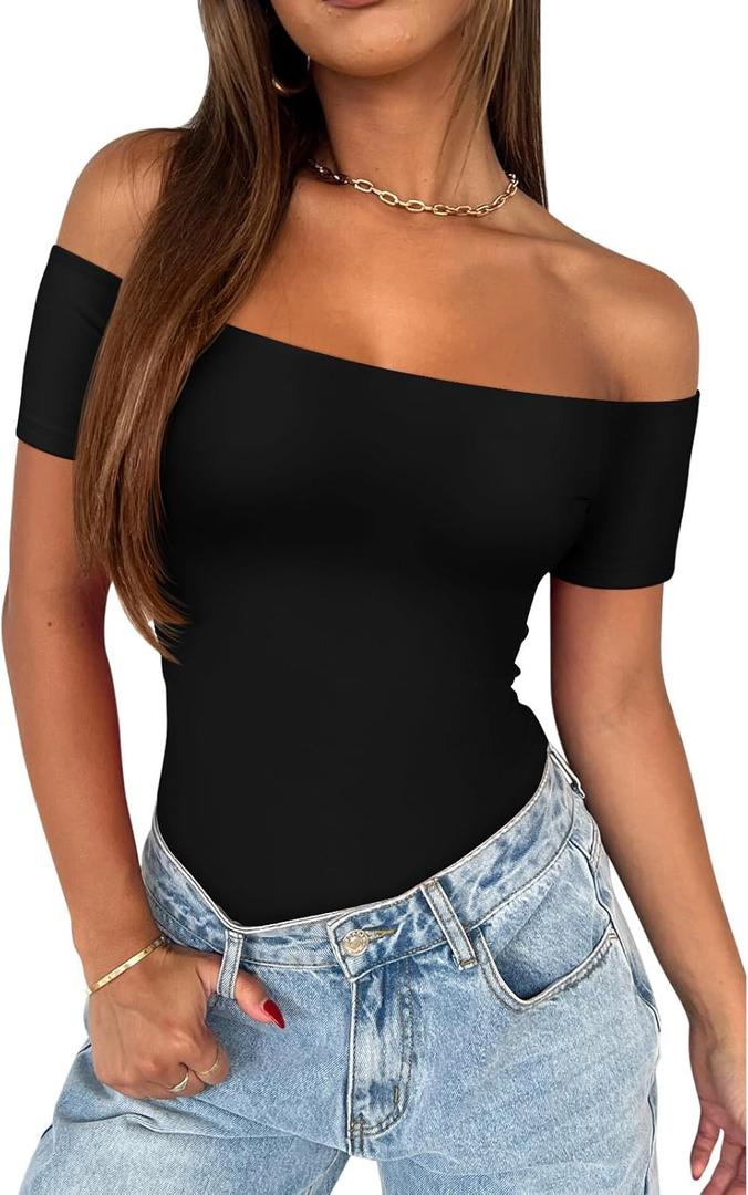 REORIA Women Sexy Off The Shoulder Short Sleeve Backless Basic Double Lined Thong Bodysuit Tops (Small, Black Onyx)