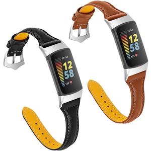FitTurn [2 pack Compatible with Fitbit Charge 6/Charge 5 Bands Leather Narrow Luxury Genuine Leather Replacement Sport Wrist Strap Bracelet Men Women Band Accessories (Black+Brown)