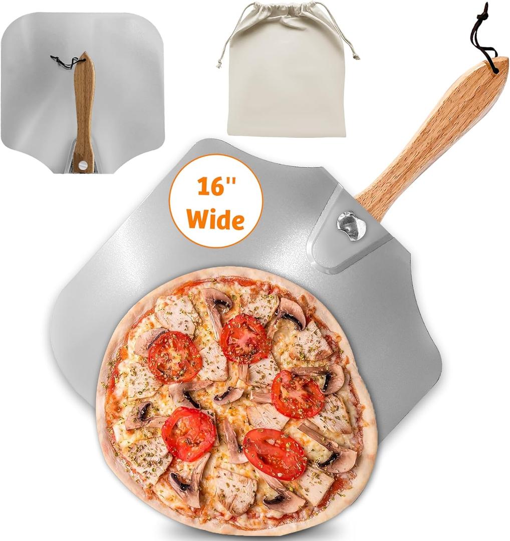 Pizza Peel 16 inch,16" Wx 18" L, Aluminum pizza peel with Foldable Wood Handle and Storage Bag, Non-perforated