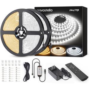 NOVOSTELLA 79ft(2rolls) Tunable White LED Strip Light Kit 2688LEDs Dimmable 3000K-6500K 24V Flexible Tape Remote Ribbon for Stage Bedroom Party Kitchen Stair Living Room Ceiling Daylight Warm White, 79ft, Non-Waterproof NOVOSTELLA 79ft(2rolls) Tunable White LED Strip Light Kit 2688LEDs Dimmable 3000K-6500K 24V Flexible Tape Remote Ribbon for Stage Bedroom Party Kitchen Stair Living Room Ceiling Daylight Warm White, 79ft, Non-Waterproof