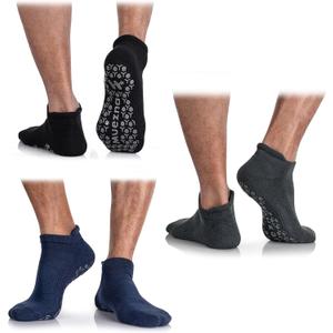 Muezna Men's Non-Slip Yoga Socks, Anti-Skid Pilates, Barre, Bikram Fitness Hospital Slipper Socks with Grips (12-14, Black+grey+blue -3 Pairs)