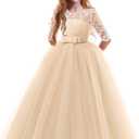 Girls Flower Vintage Lace 3/4 Sleeves Wedding Bridesmaid Tutu Dress Floor Length Party Evening Formal Dance Ball Gown (Beige)