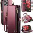 Defencase Compatible with iPhone 16 Pro Case Wallet with RFID Blocking Card Holder for Women Men, Soft PU Leather Magnetic Snap Flip Zipper Strap Wallet Phone Case Fit for iPhone 16 Pro 6.3", Wine Red