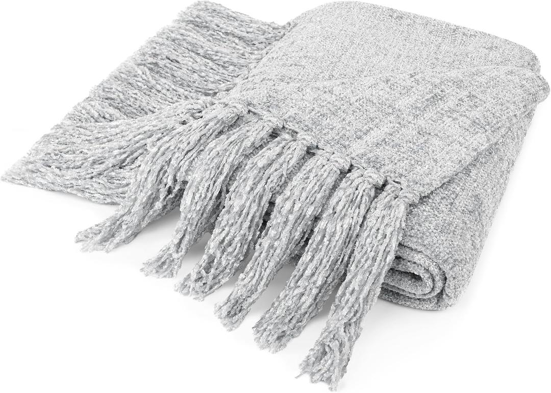 PAVILIA Light Gray Chenille Throw Blanket for Couch, Twin Size Bed, Sofa - Soft Knit Woven With Tassel, Decorative Textured for Living Room, Light Grey 60x80