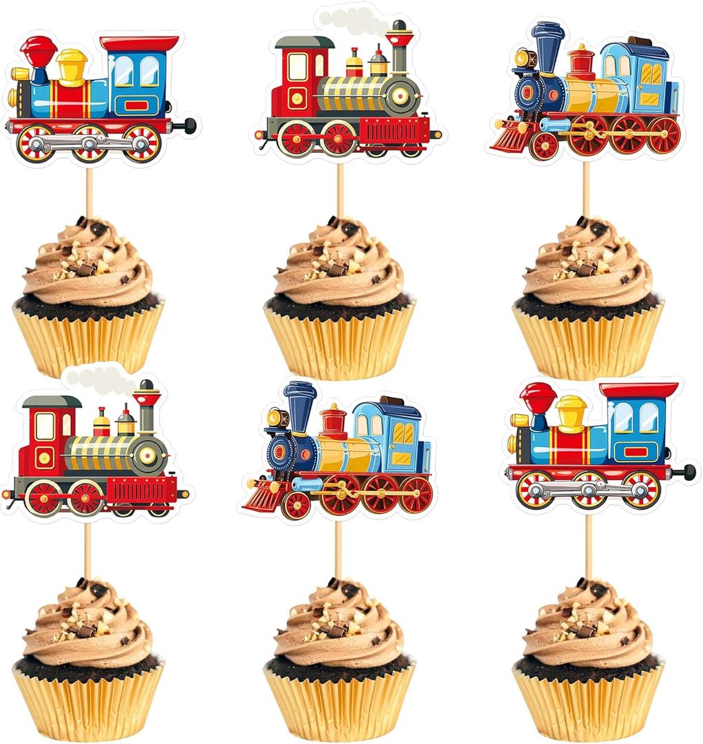 24Pcs Transportation Trains Cupcake Toppers Cartoon Vintage Locomotiv Cupcake Picks for Retro Train Boys Girls Funny Birthday Party Baby Shower Cupcake Decorations Train Transportation Party Decors (Red)