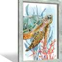 Bathroom Wall Art Wooden Decor: Sea Turtle Ocean Animal Framed Picture Marine Life Coral Beach Painting Vertical Underwater Creatures Coastal Print Artwork for Bedroom Kitchen (18"L x 24"W)