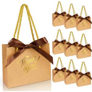 EQOREIIN 30 Pack Small Thank You Gift Bags with Handles 5.5 x 2.4 x 4.7 Inches Mini Brown Gift Bags with Bow Ribbon Tiny Party Favor Bag Bulk for Graduation Mother's Day Baby Shower Wedding (Brown)