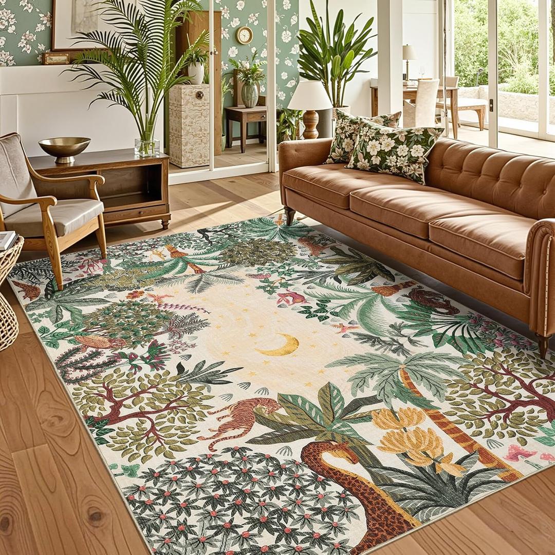 GarveeHome 5x7 Jungle Area Rug Washable Rugs for Living Room Bedroom, Soft Low Pile Non Slip Accent Floor Mat Animal Print Throw Rug Indoor Carpet Dining Room Playroom (Beige)
