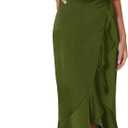MITILLY Women's Satin Formal One-Shoulder Mock Neck Long Sleeve Bodycon Wrap Mermaid Hem Cocktail Party Maxi Dress Medium Dark Green