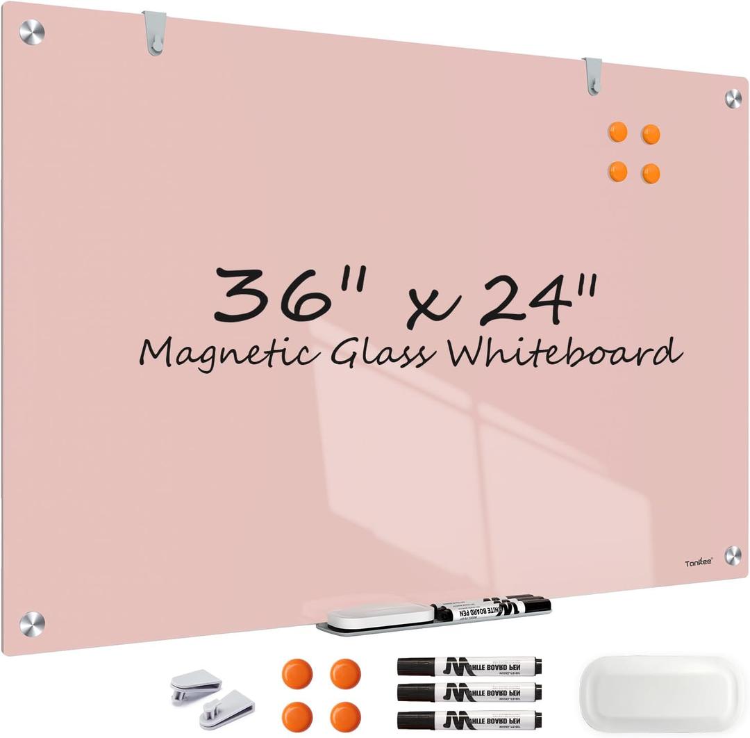 Glass Whiteboard, 36x24 Inches Magnetic Glass Dry Erase Board, Pink White Board for Wall Office School Classroom Home, 3x2 Feet Large White Board Wall Mounted