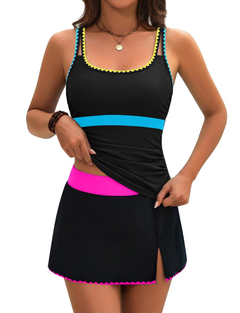 BMJL Women's Tankini Swimsuits Tummy Control Two Piece Bathing Suit Modest Swim Skirt Color Block Swim Suits 2026 Size M